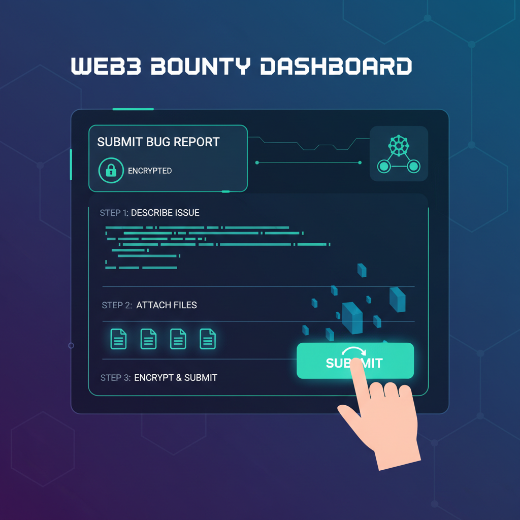 sleek web interface submitting encrypted bug report to web3 bounty dashboard, futuristic UI