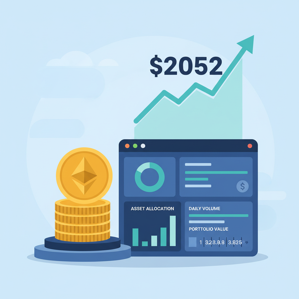 ethereum coin stack with price chart showing $2052, modern financial dashboard