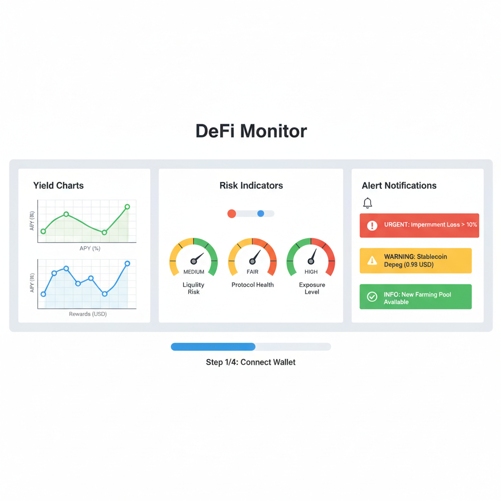 defi monitoring dashboard with yield charts, risk indicators, alert notifications
