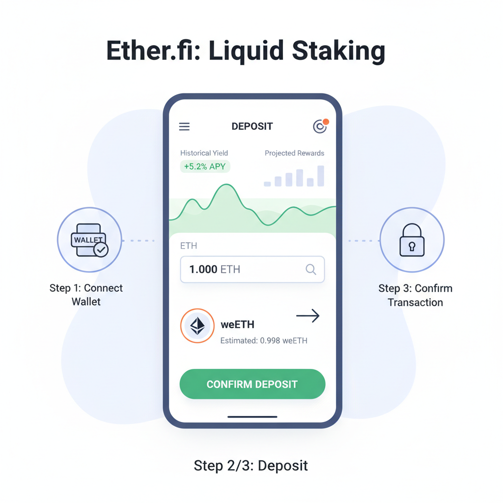 ether.fi app depositing ETH to weETH, clean UI with yield graphs