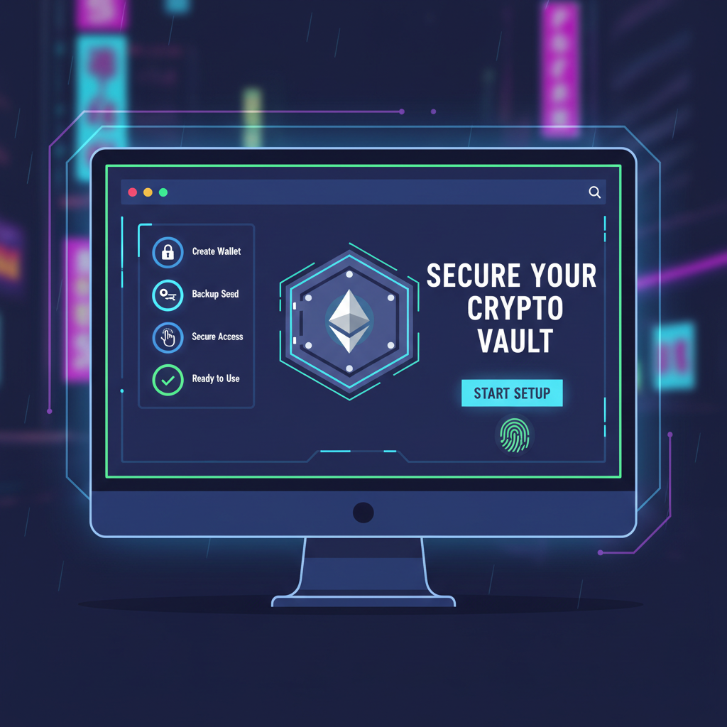 sleek ethereum wallet setup interface on desktop, cyberpunk neon glow, secure vault aesthetic