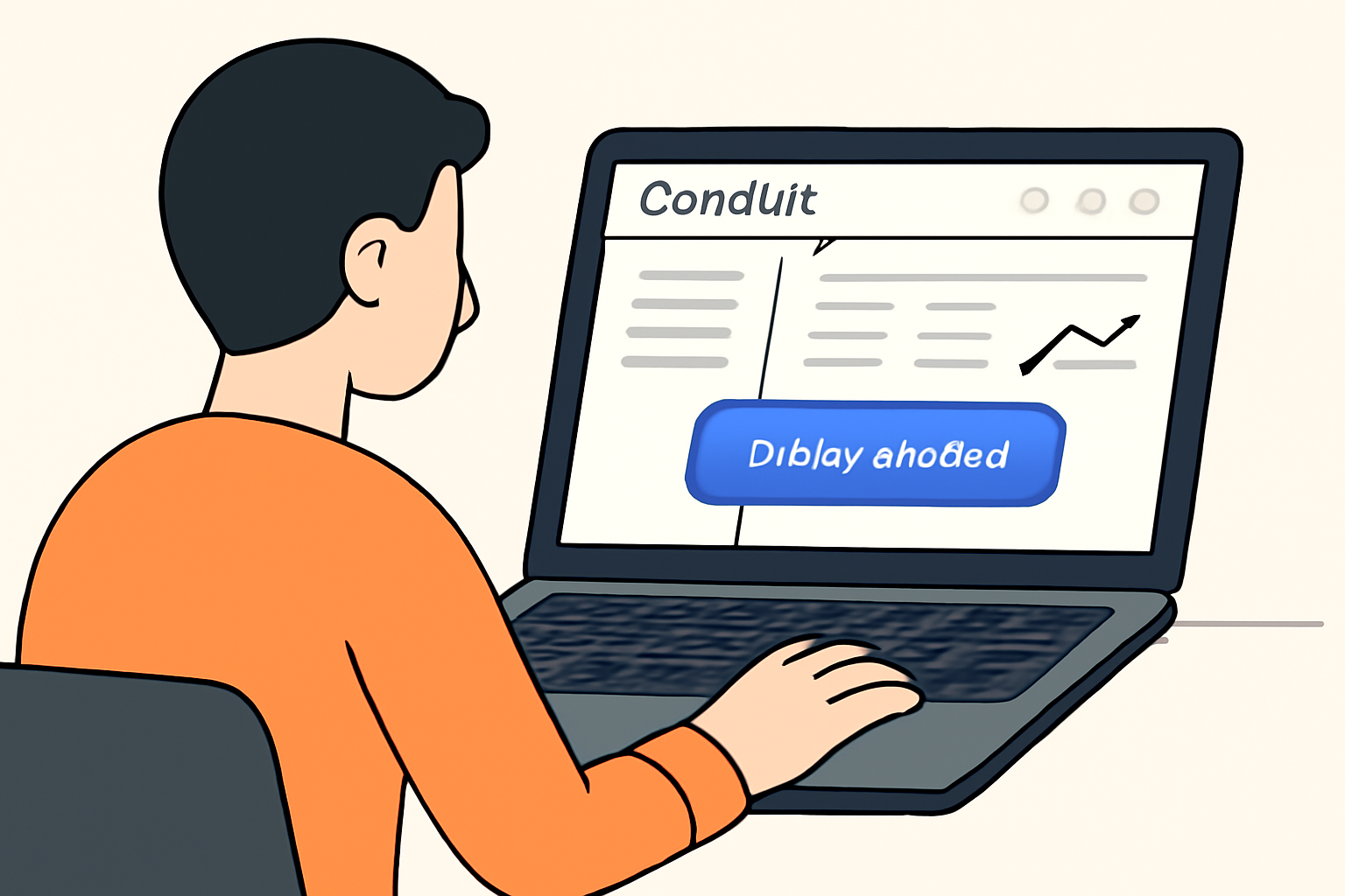 A user sitting at a laptop, accessing a modern web dashboard labeled 'Conduit', with a prominent 'Deploy a Rollup' button visible on the screen.