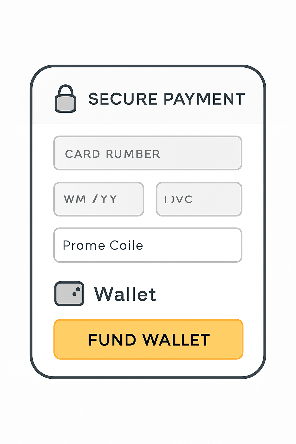 A secure payment form showing credit card entry, a field for promo code, and a digital wallet interface with a highlighted 'Fund Wallet' button.