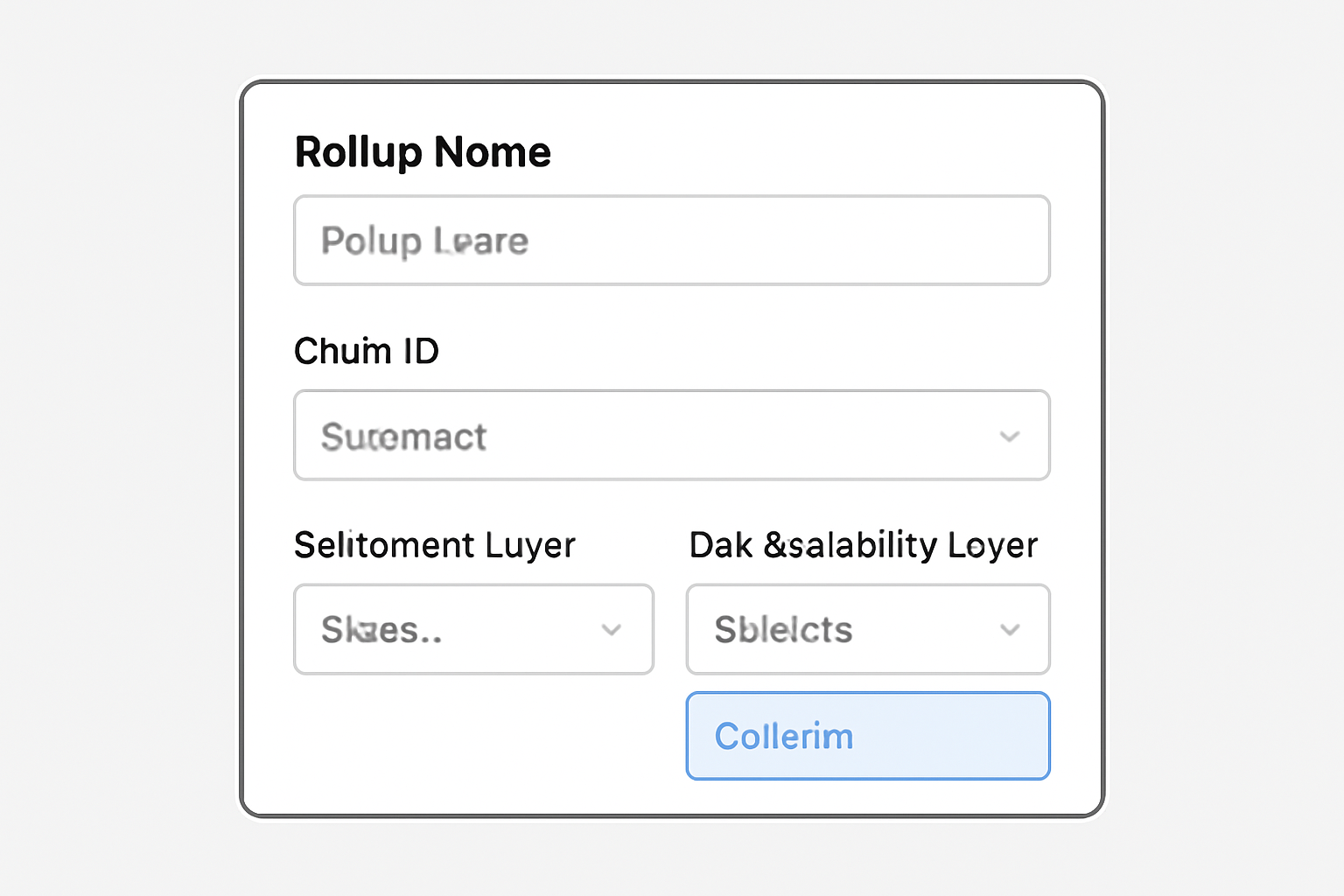 A web form with fields for 'Rollup Name', 'Chain ID', dropdowns for 'Framework', 'Settlement Layer', and 'Data Availability Layer', with 'Celestia' highlighted.