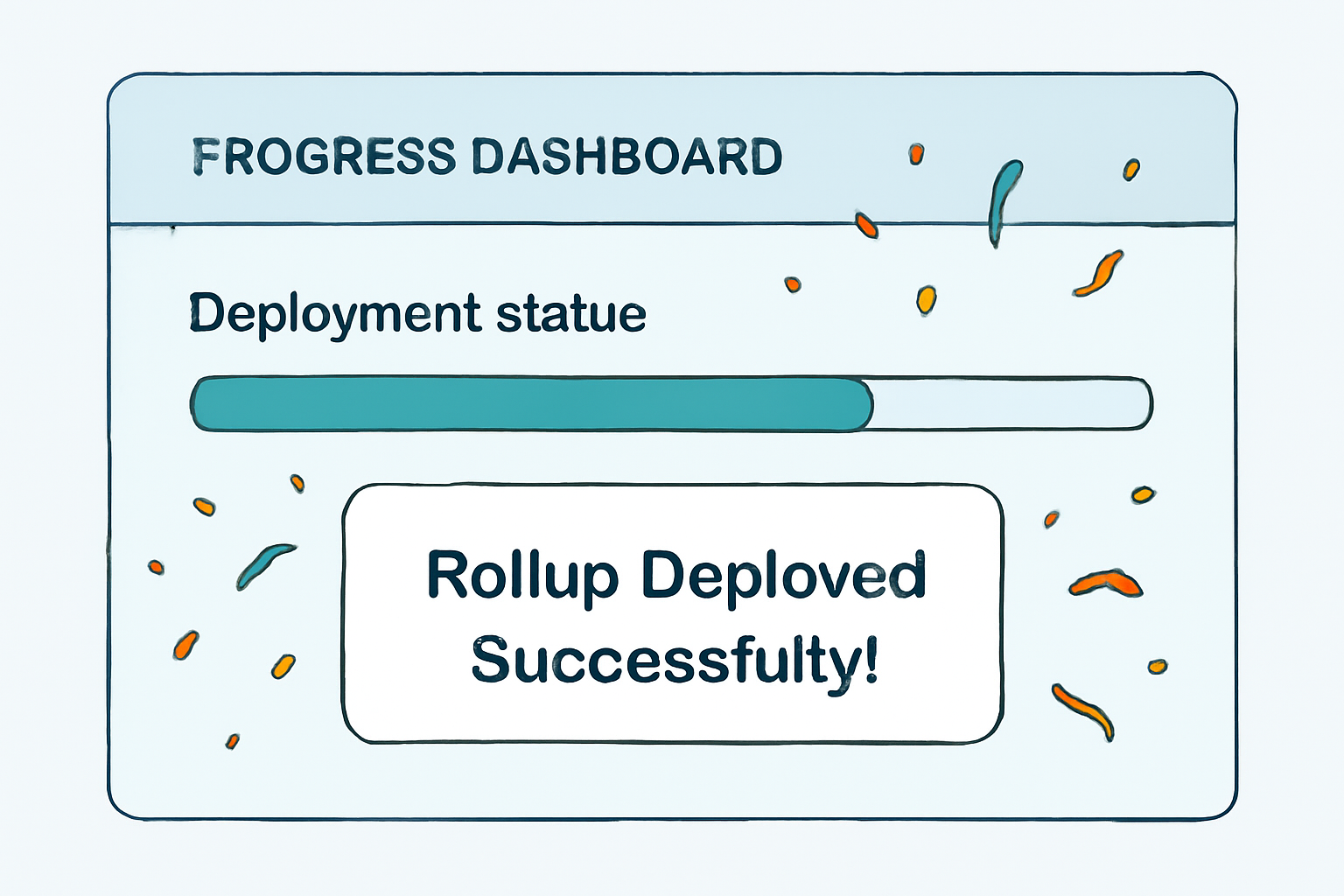 A progress dashboard with a deployment status bar, celebratory confetti, and a message saying 'Rollup Deployed Successfully!'