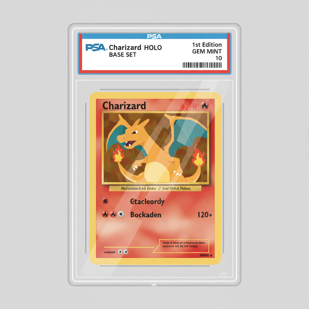 closeup of PSA graded Pokemon card in protective slab, high detail