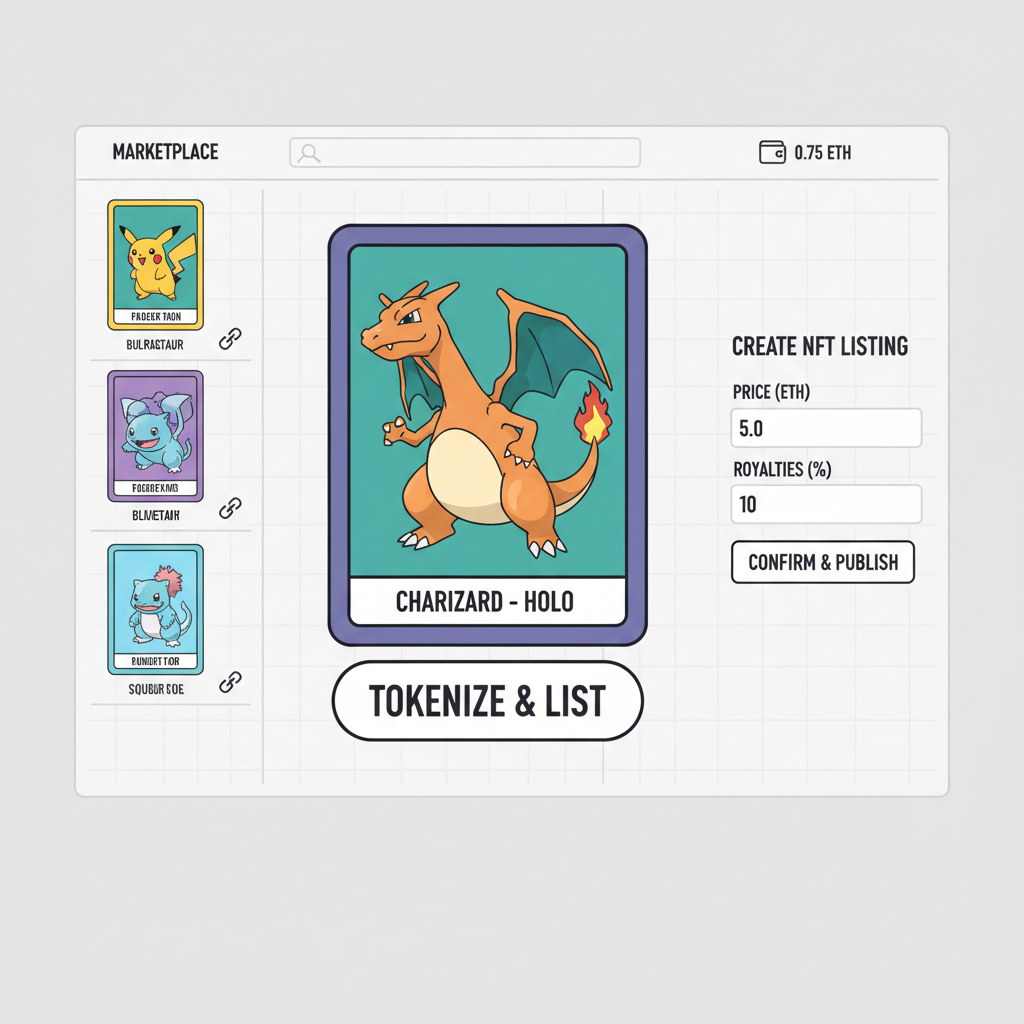 NFT marketplace listing tokenized Pokemon card for trading