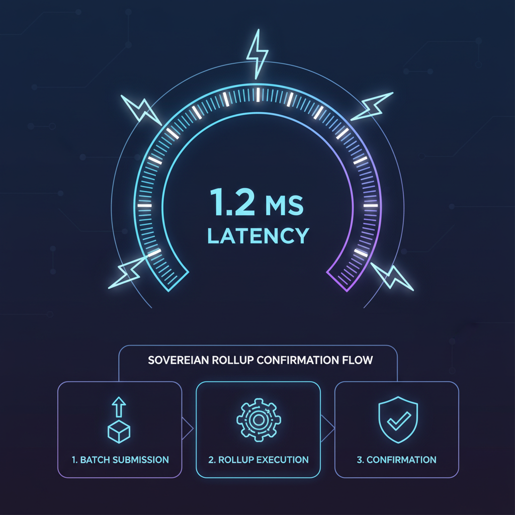 speedometer graphic at 1.2ms latency, lightning bolts, sovereign rollup confirmation flow, futuristic neon blues