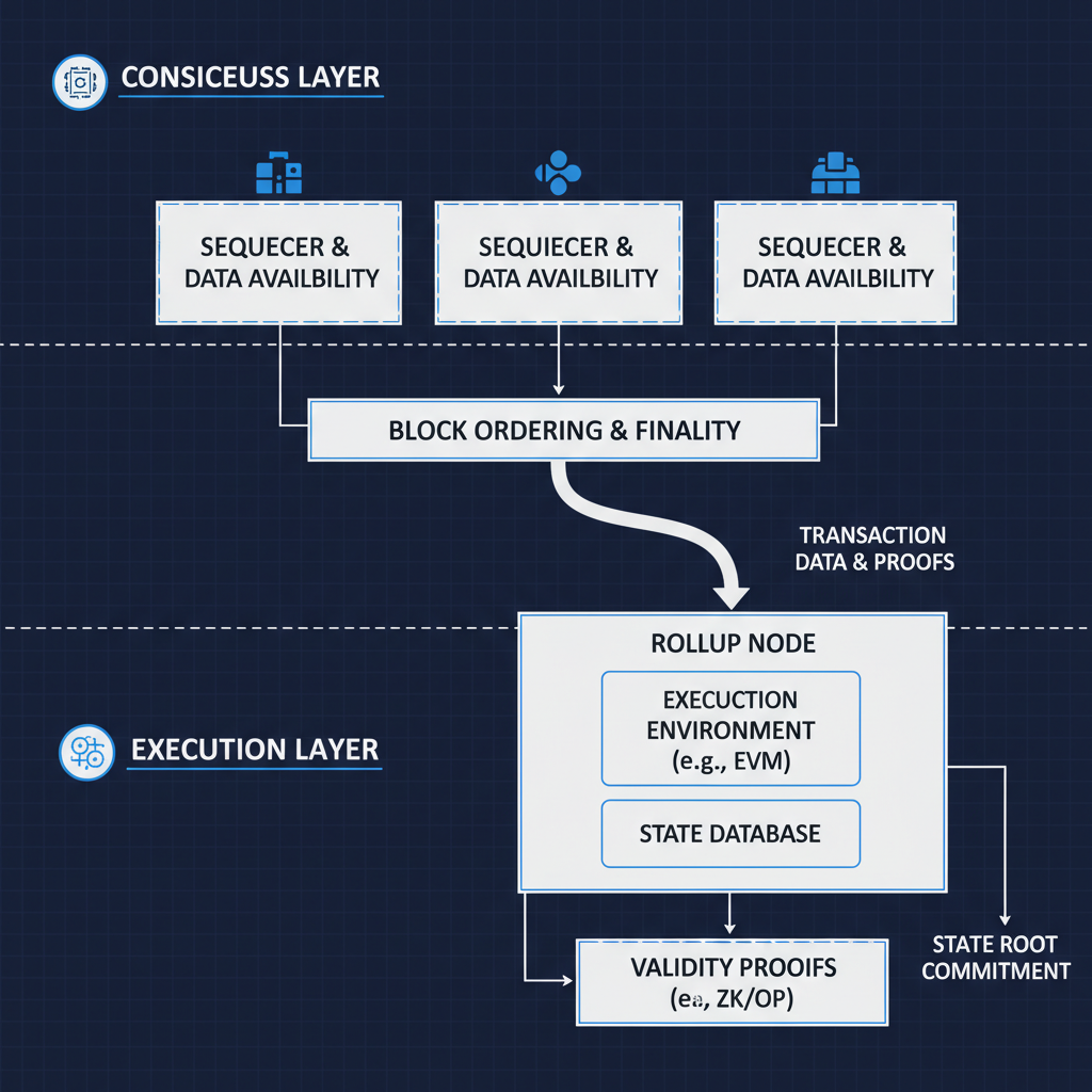 clean diagram showing consensus layer decoupled from execution layer in sovereign rollup architecture, modular blocks, tech blueprint style