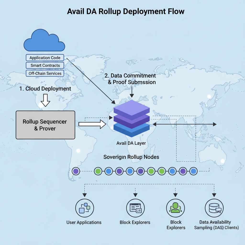 cloud deployment flow to Avail DA layer, sovereign rollup nodes connecting, global network map