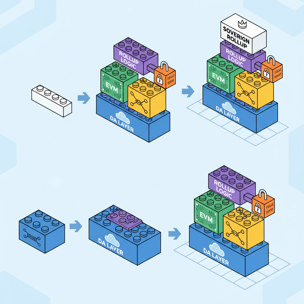 lego-like modular blocks assembling sovereign rollup stack, EVM SVM DA layers, colorful isometric view
