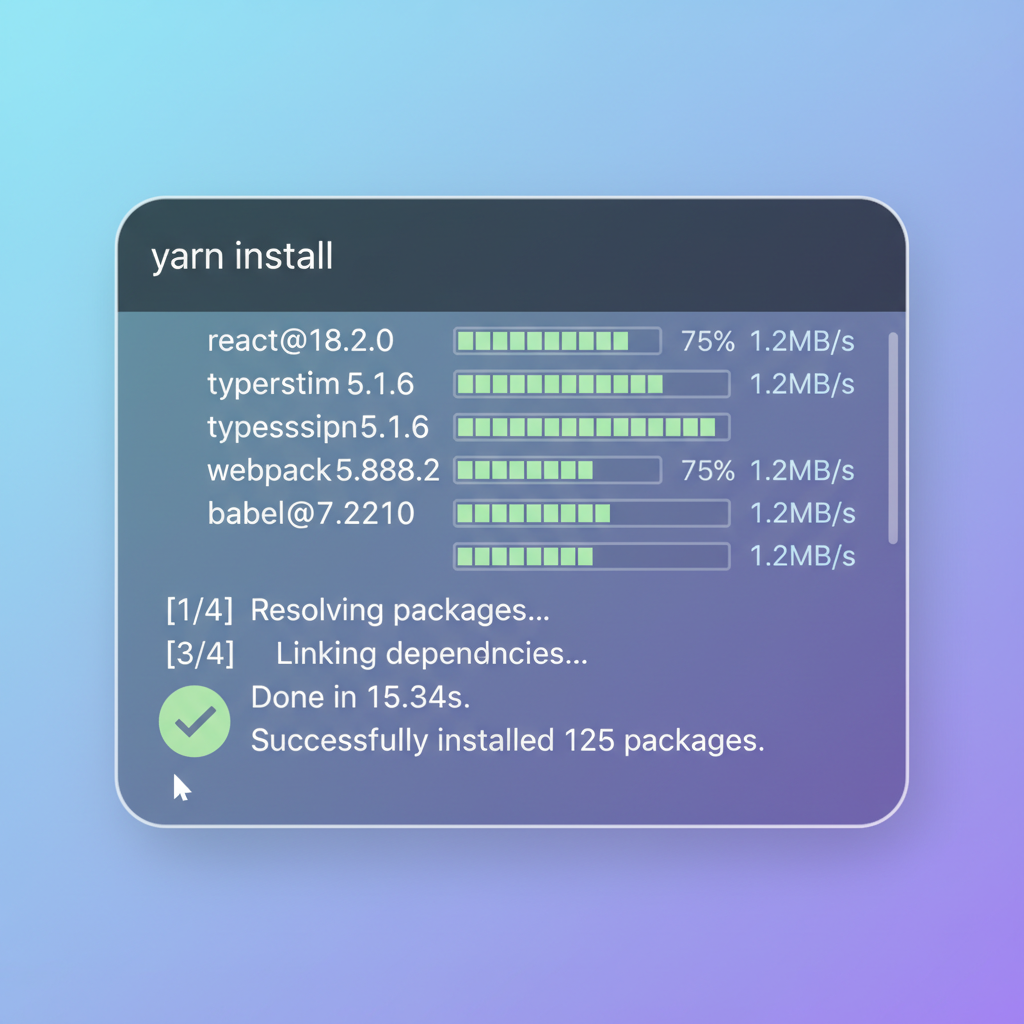 yarn install command output in modern terminal window dependencies downloading