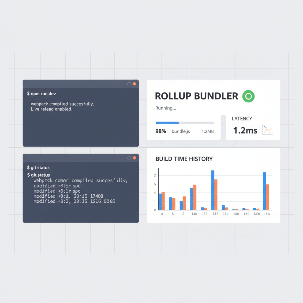 local dev environment dashboard showing rollup running, latency metrics 1.2ms, graphs and terminals