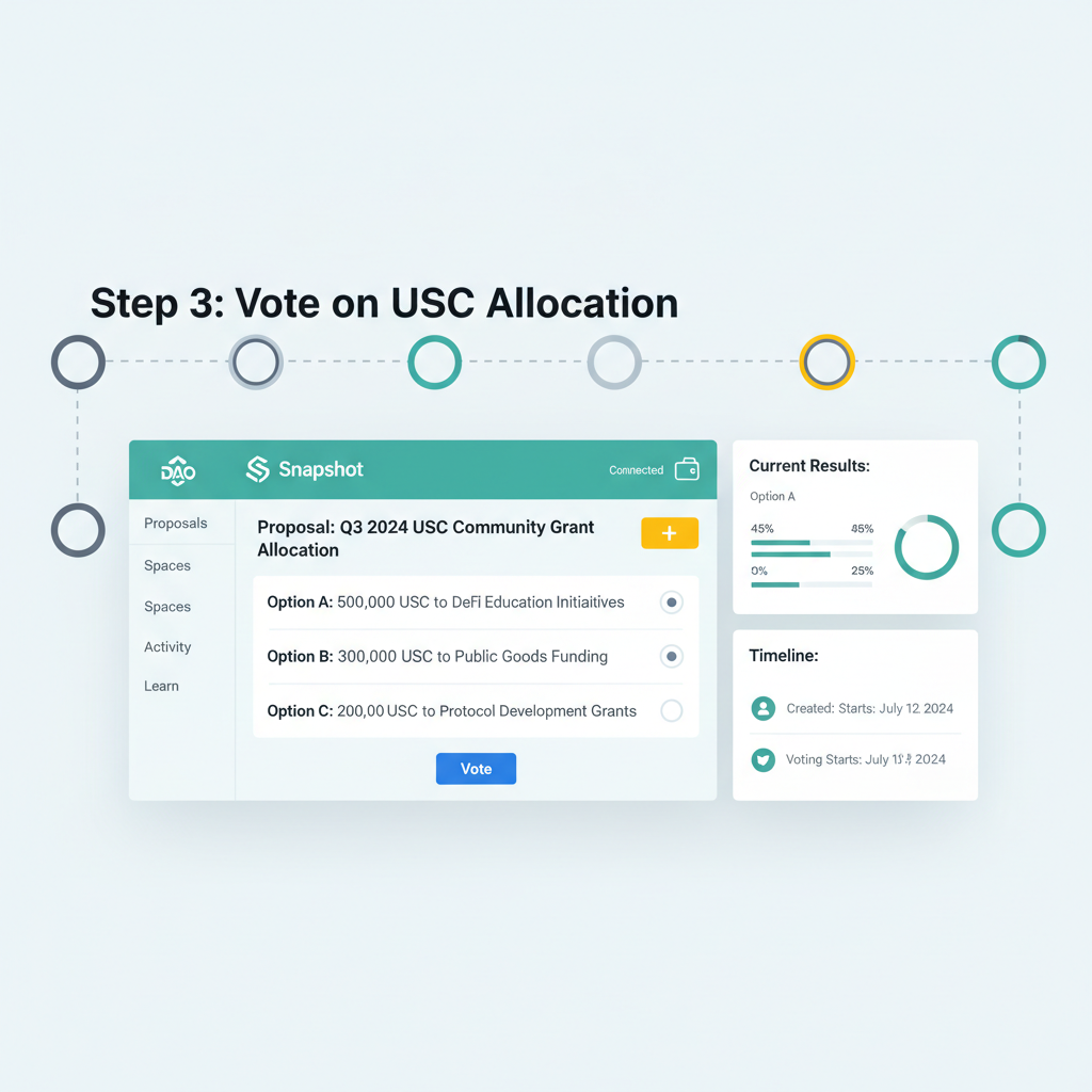 DAO Snapshot voting interface for USDC allocation proposal, clean UI, crypto governance