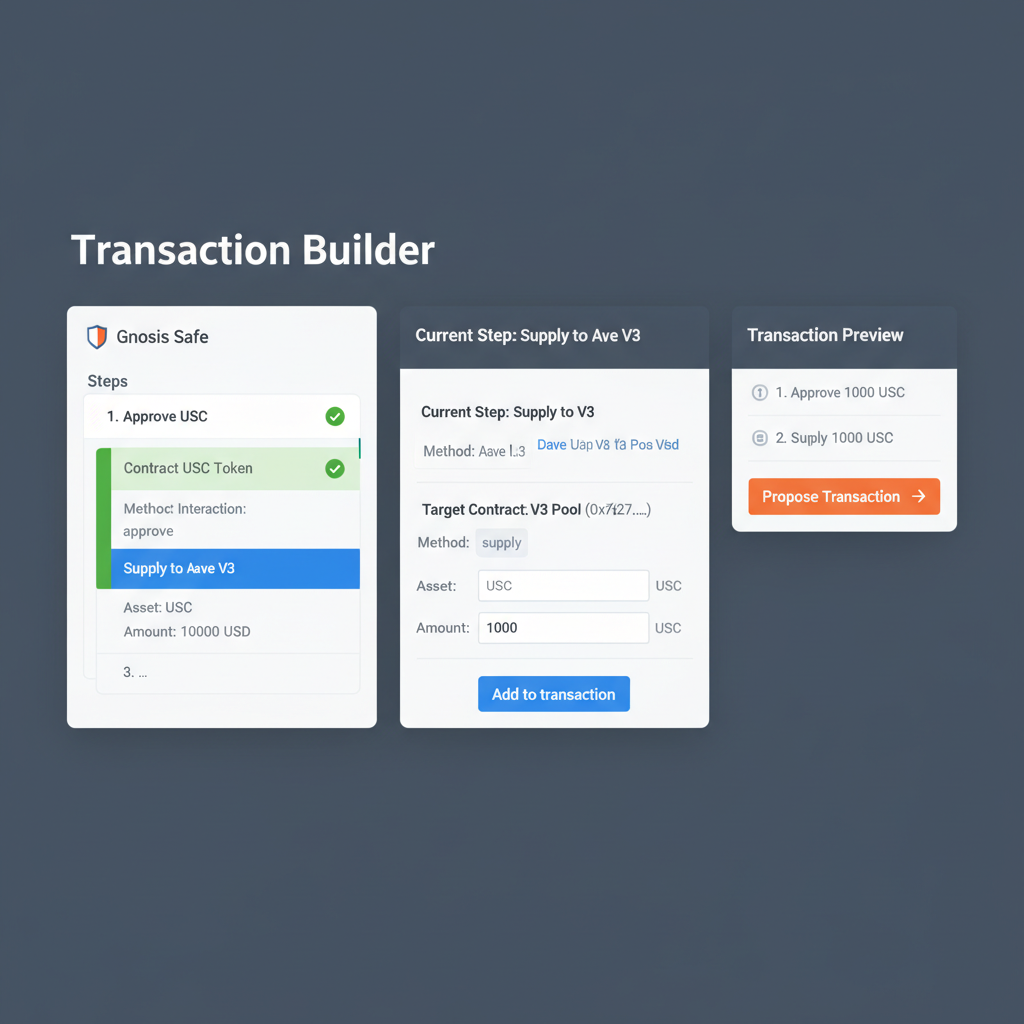 Gnosis Safe dashboard approving USDC and supplying to Aave V3 pool, technical UI screenshot