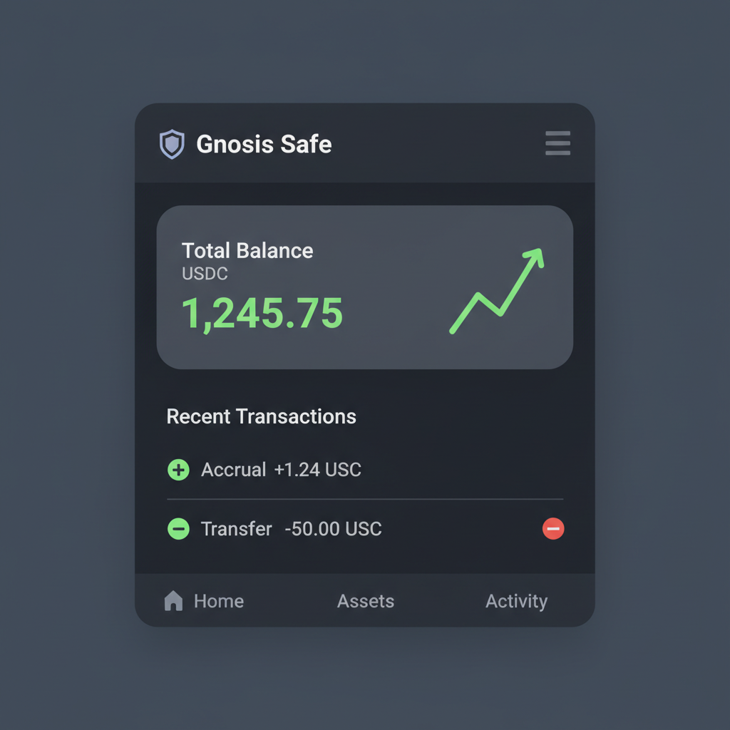 Wallet interface showing aUSDC balance accrual in Gnosis Safe, green upward chart
