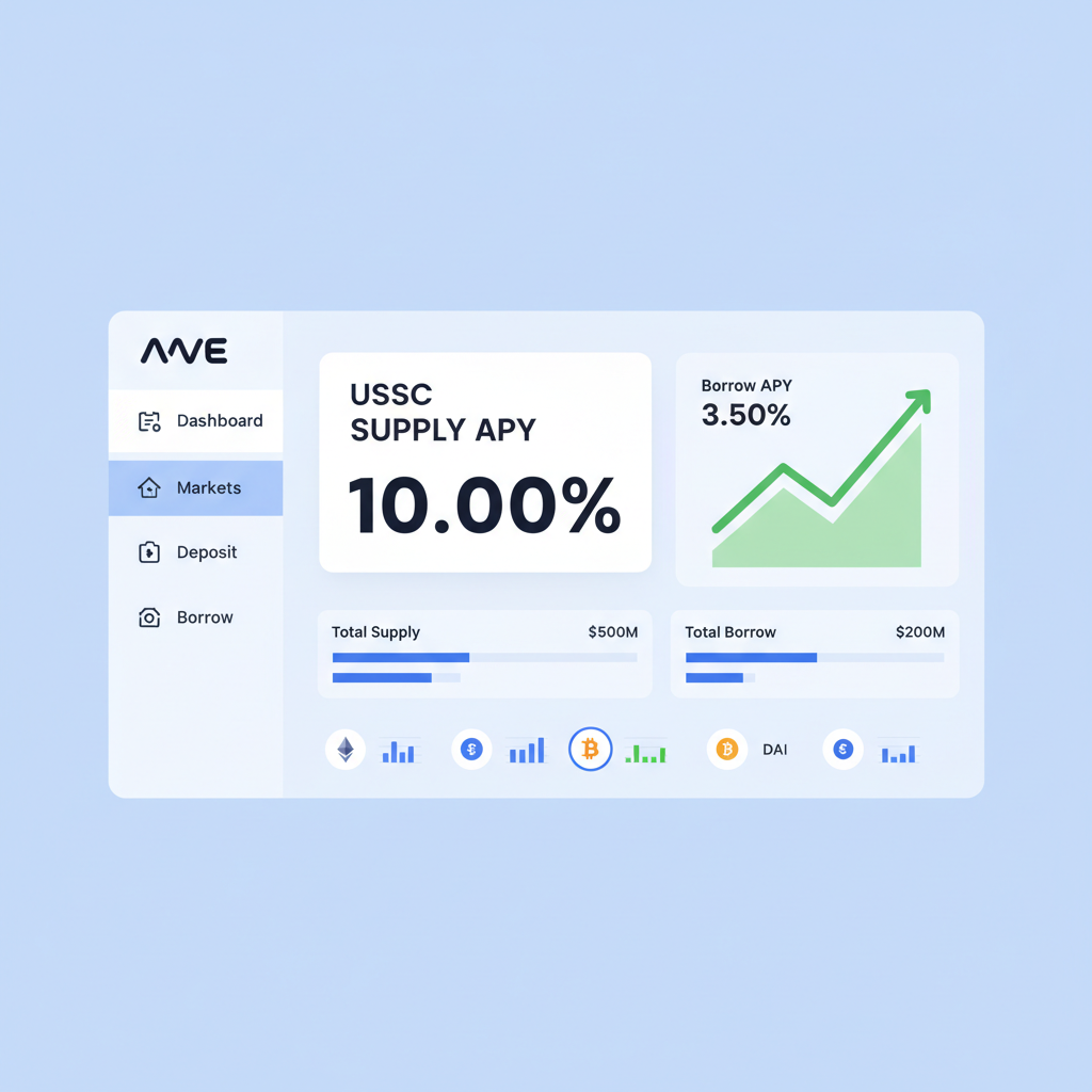 Aave app dashboard displaying USDC supply APY at 10%, charts and metrics