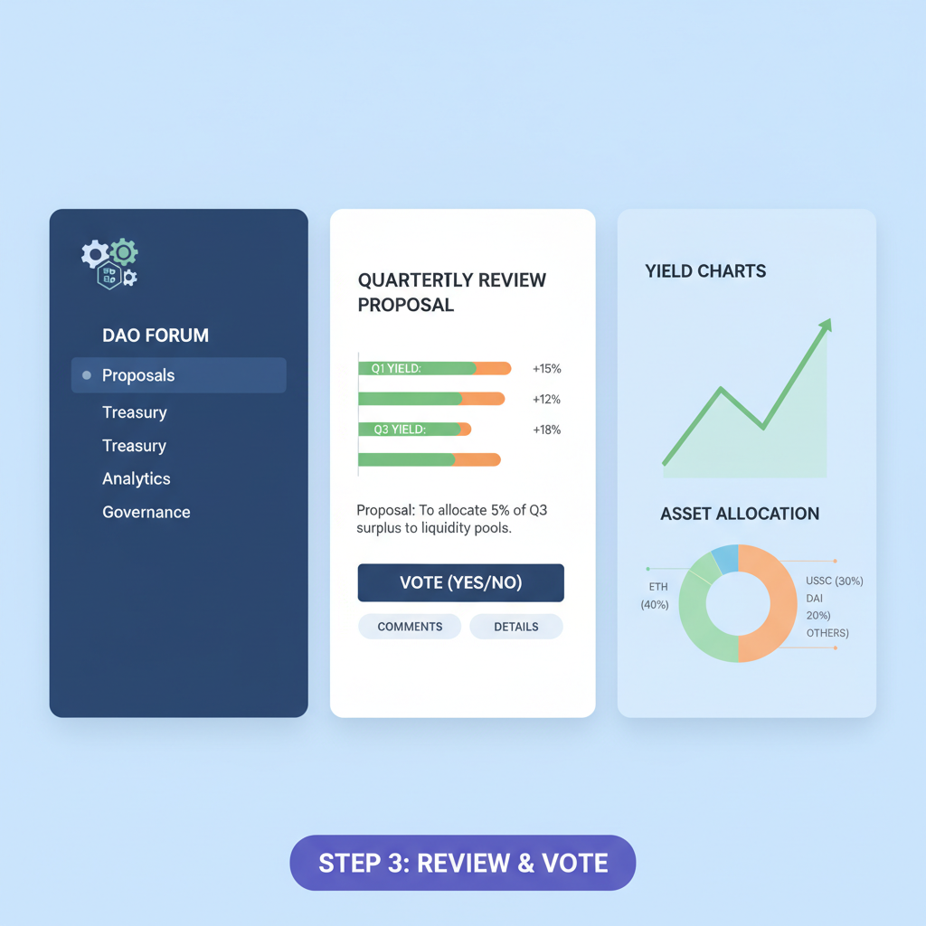 DAO governance forum with yield charts and quarterly review proposal, professional UI