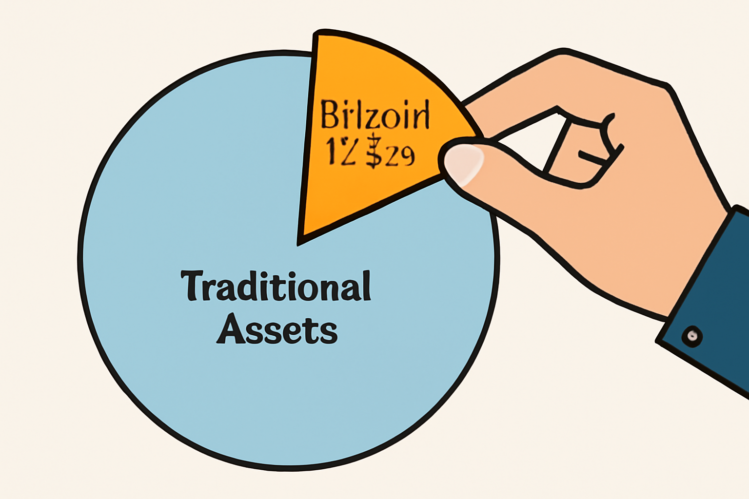 A pie chart showing a small segment labeled 'Bitcoin' (2-8%), with the rest as traditional assets, and a hand adjusting the Bitcoin allocation
