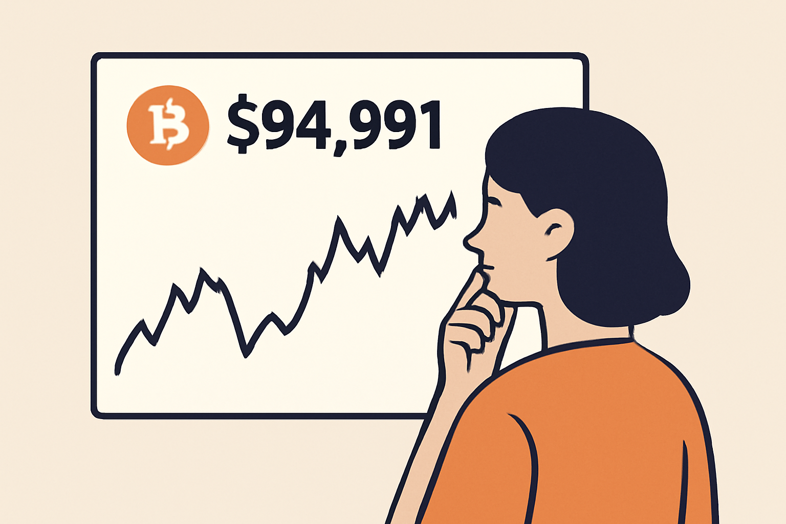 A person looking at a fluctuating Bitcoin price chart on a screen, with $94,991 prominently displayed, expressing thoughtful consideration