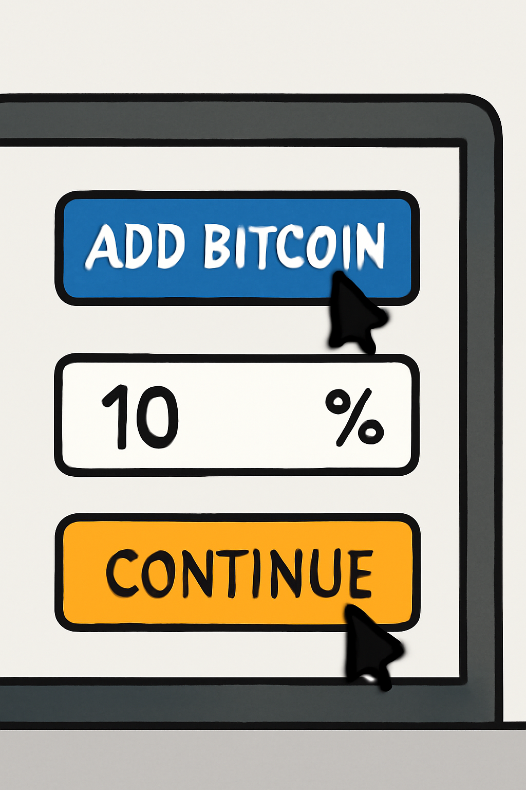 A close-up of a computer screen with a user selecting 'Add Bitcoin' and entering a percentage, with confirmation button highlighted