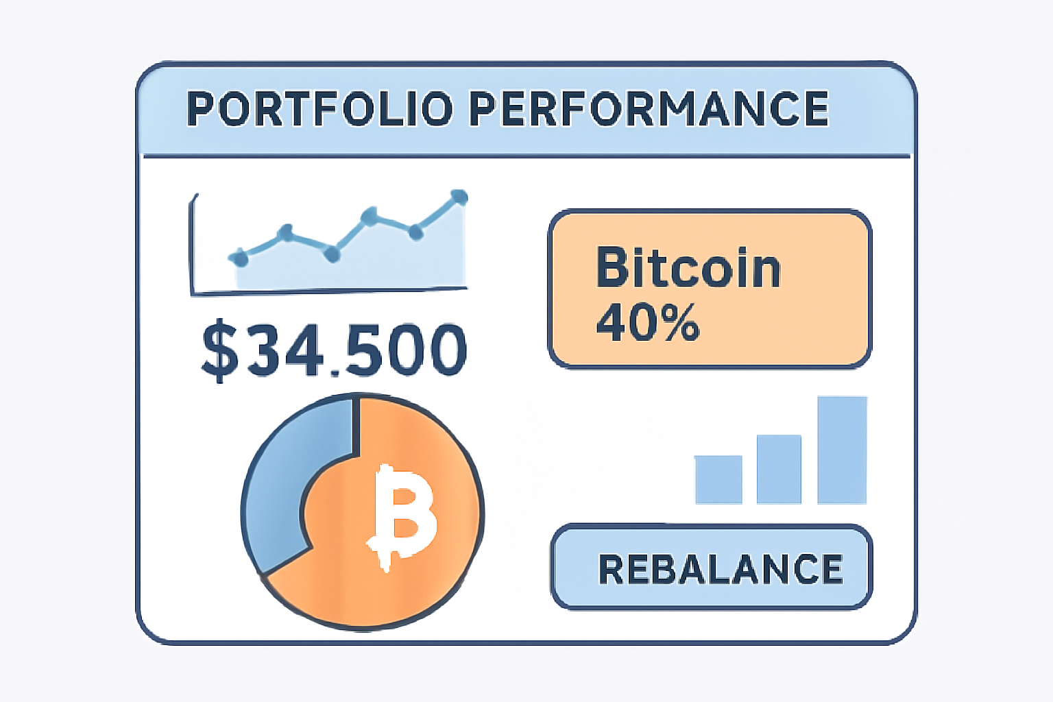 A dashboard view showing portfolio performance, with Bitcoin value and allocation highlighted, and a 'Rebalance' button visible