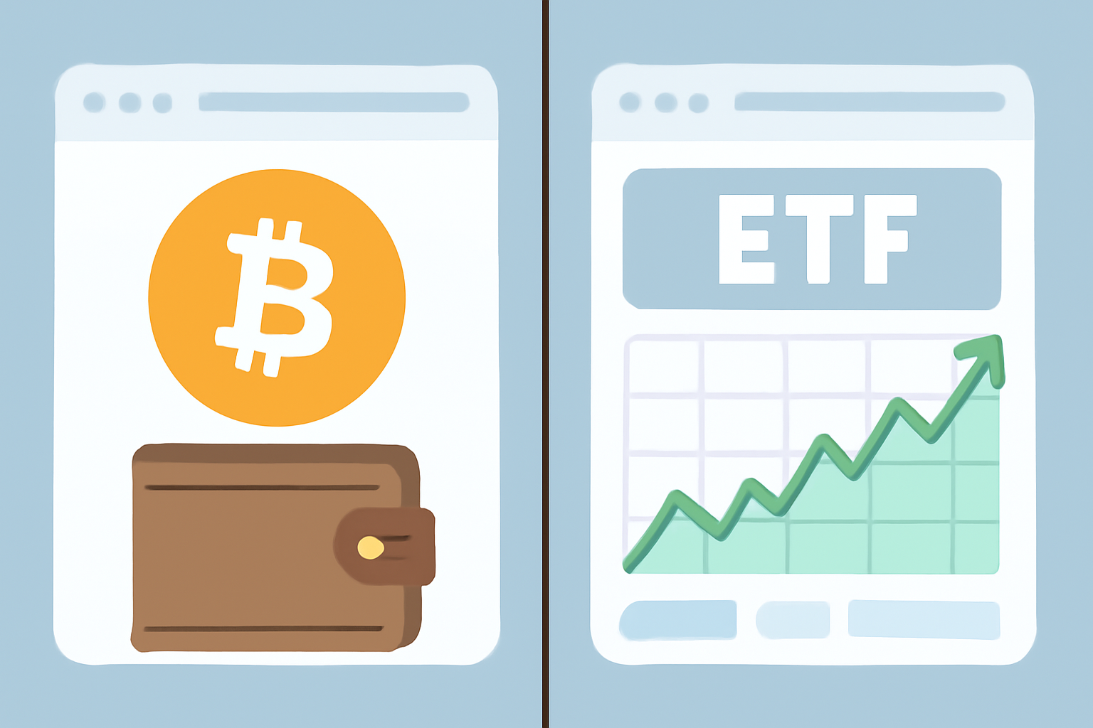 A split-screen showing two investment options: one with a Bitcoin logo and digital wallet, the other with a stock chart labeled 'ETF', both on a financial dashboard
