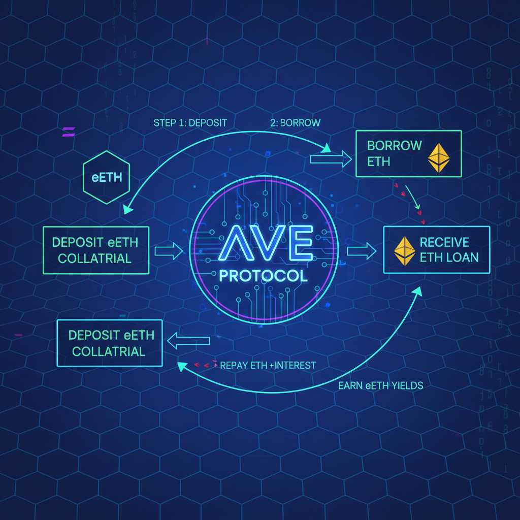 Aave protocol loop diagram, eETH collateral borrowing ETH arrows cycling back, cyberpunk grid