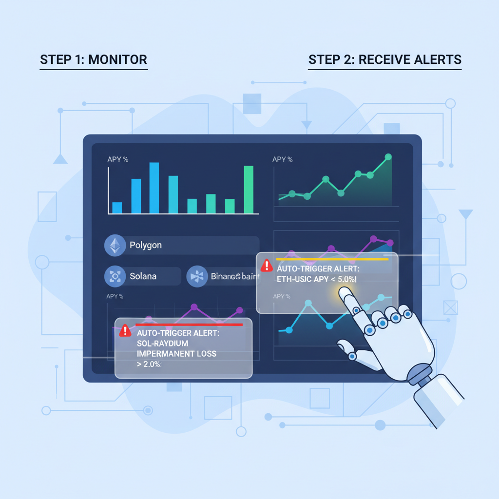 AI DeFi dashboard monitoring APY charts across chains, auto-trigger alerts firing, futuristic holograms