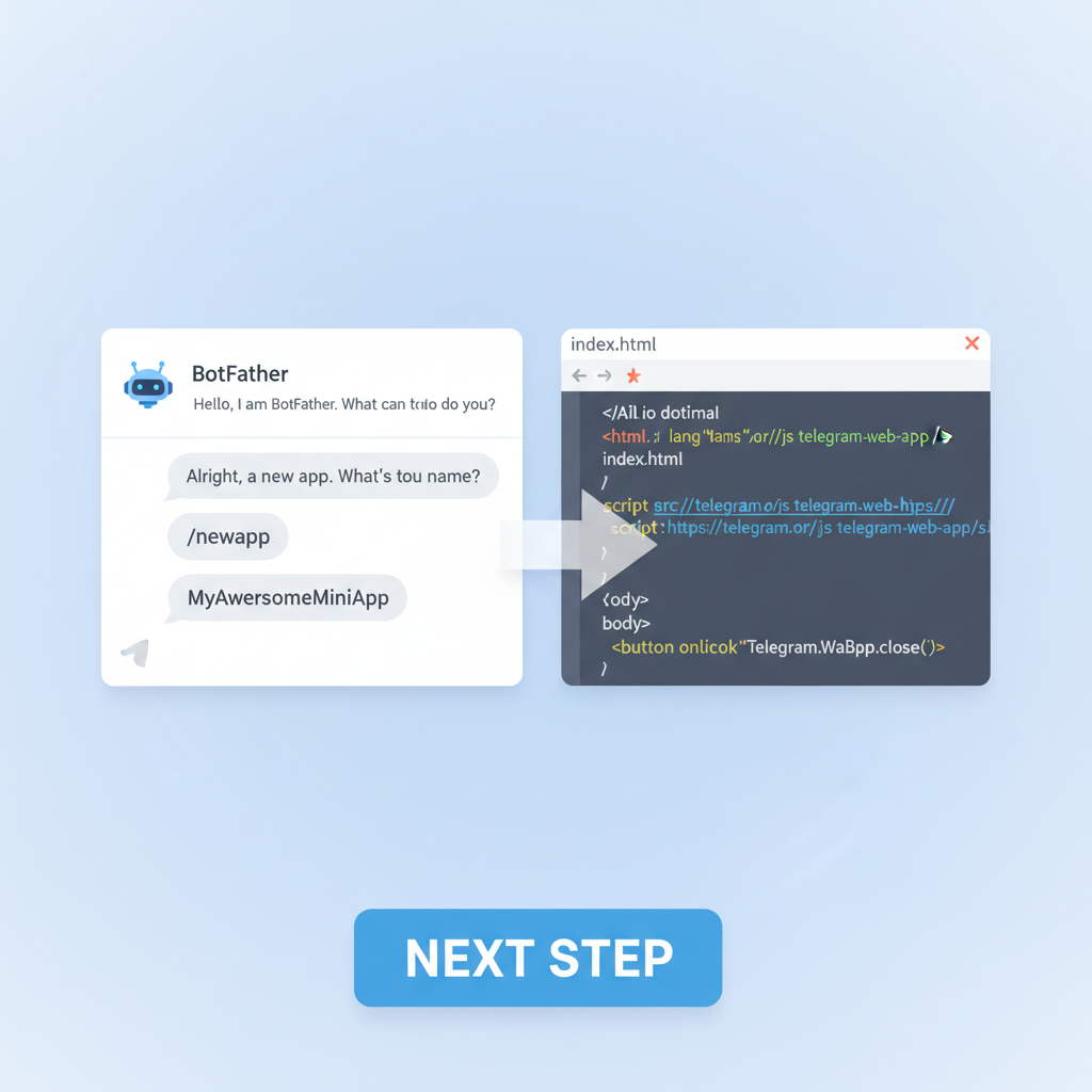 Telegram Mini App setup screen with botfather interface and web app code