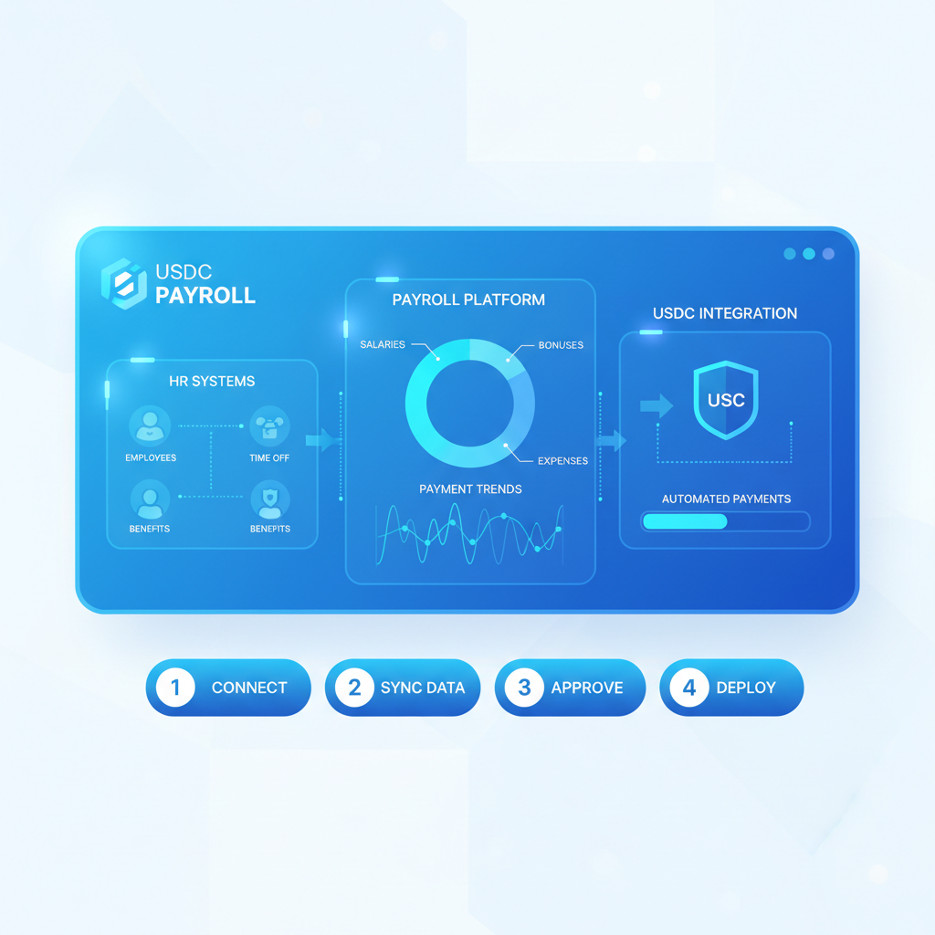 sleek dashboard interface integrating USDC payroll platform with HR systems, modern UI, glowing charts, blue tones
