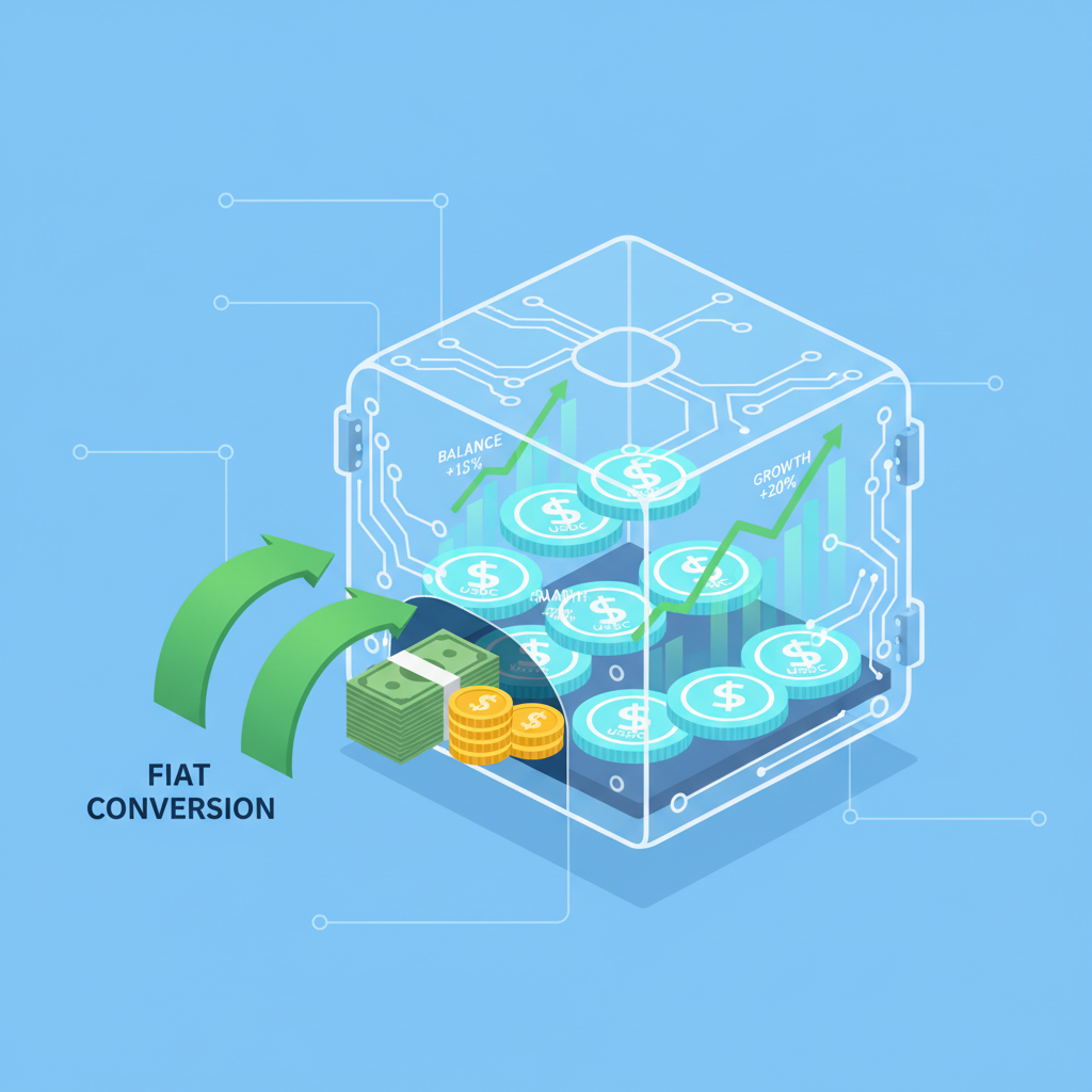 digital treasury vault filling with glowing USDC coins, fiat conversion arrows, charts showing balance growth