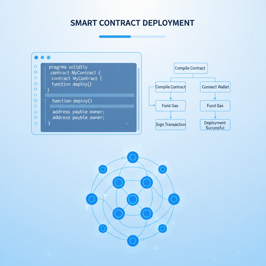 smart contract deployment interface with code snippets and flowchart, blockchain nodes connecting, ethereal blue glow
