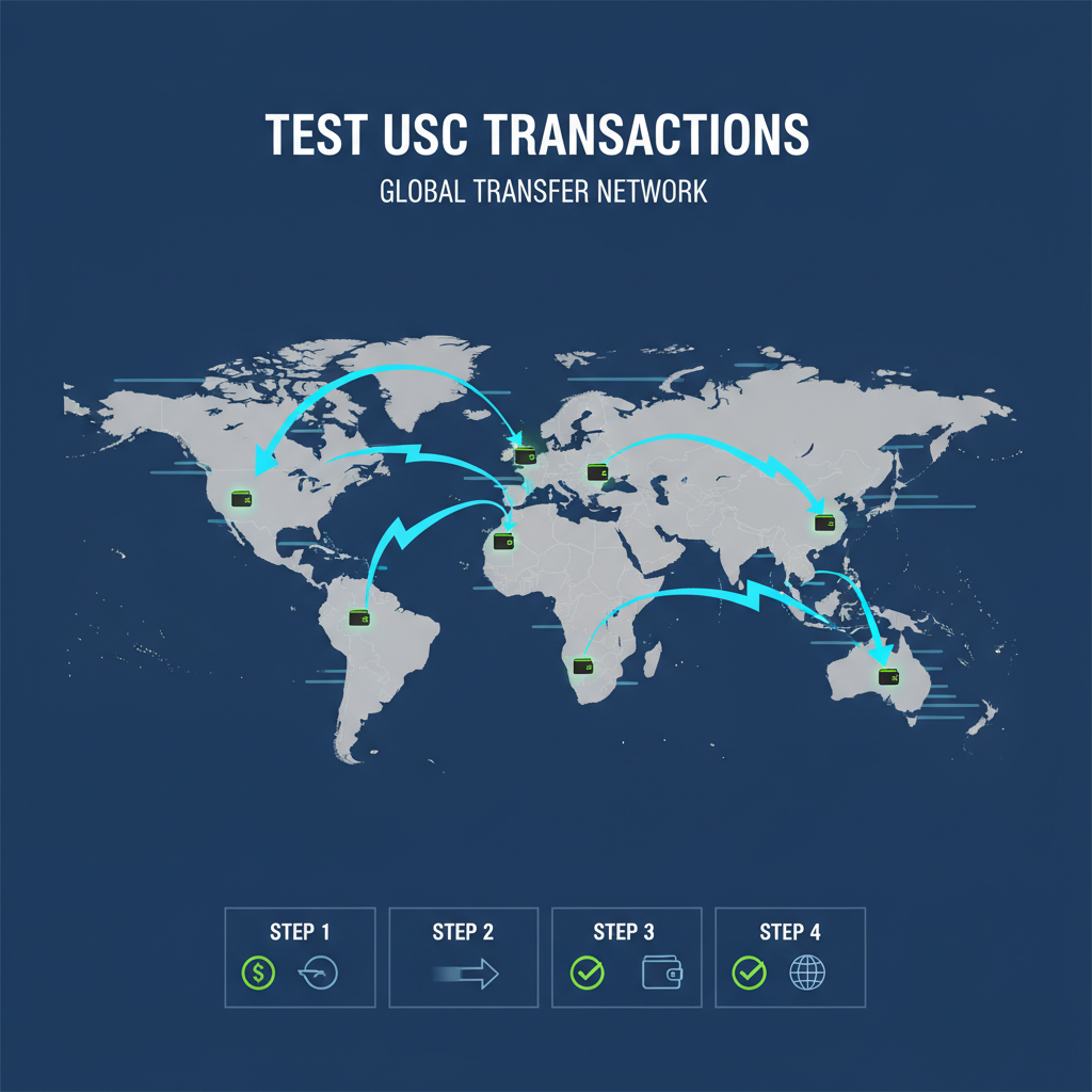 global map with test USDC transactions as lightning arrows, speed lines, green success ticks on wallets