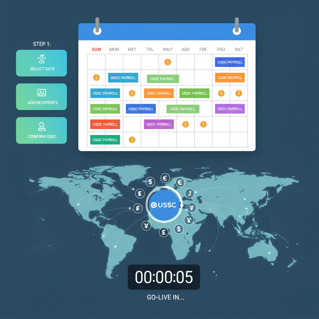 calendar interface scheduling USDC payroll with world map payouts animating, clock ticking to go-live, vibrant colors