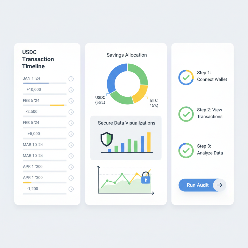 comprehensive audit dashboard with USDC transaction timelines, pie charts of savings, secure data visualizations