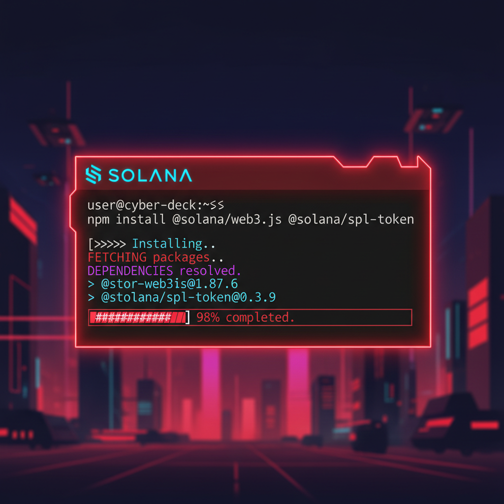 terminal window running npm install command for solana sdk, cyberpunk neon glow, aggressive red tones