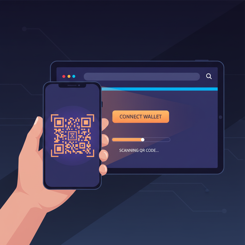 solana wallet connecting to web app, glowing qr code scan, futuristic ui with aggressive shadows