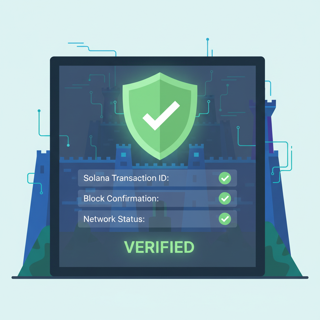 server dashboard verifying solana transaction, green checkmarks pulsing, fortified cyber fortress visual