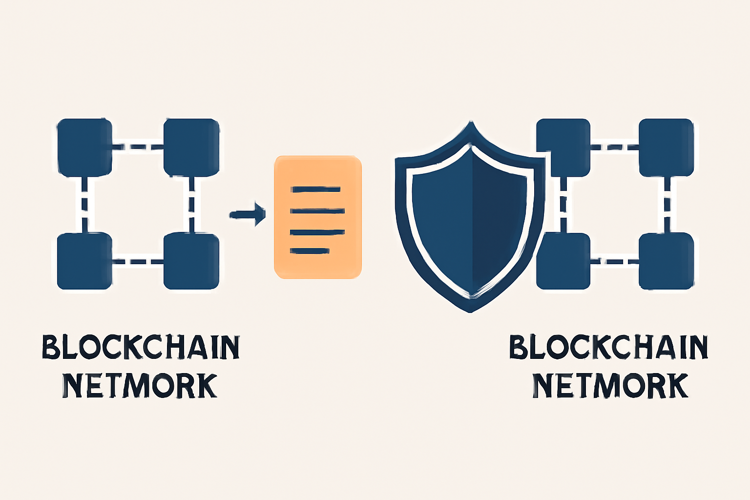 Two blockchain networks with arrows showing a transaction being copied from one to another, and a barrier or shield stopping the duplicate.