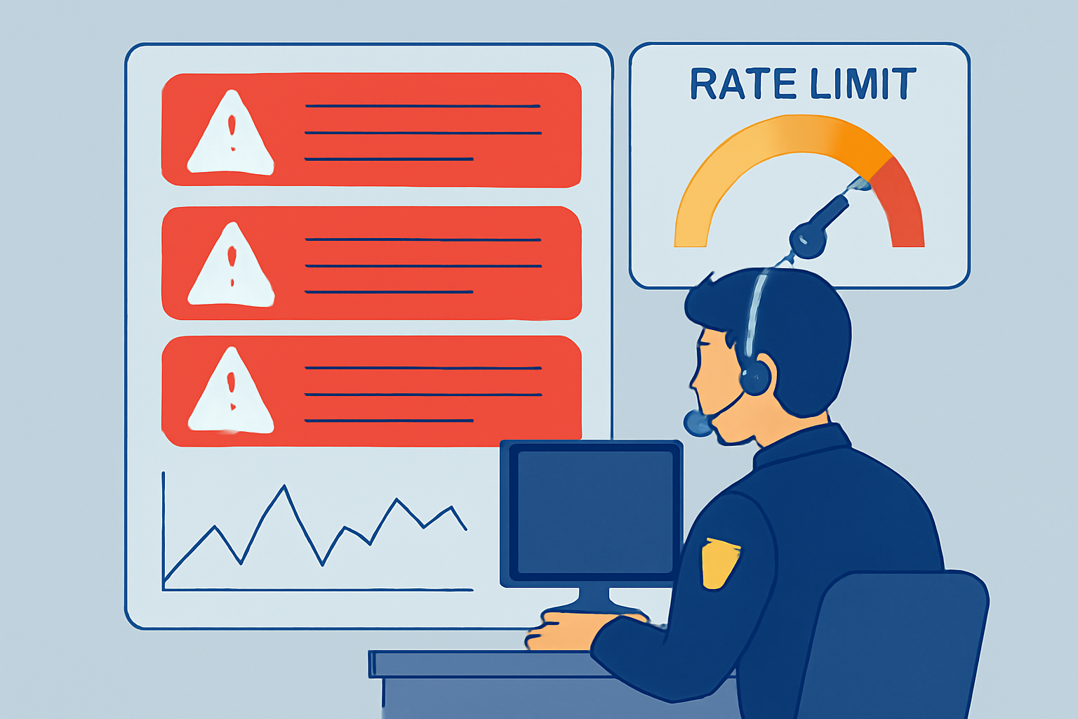 A dashboard with warning alerts, a speedometer showing rate limits, and a security team monitoring activity.