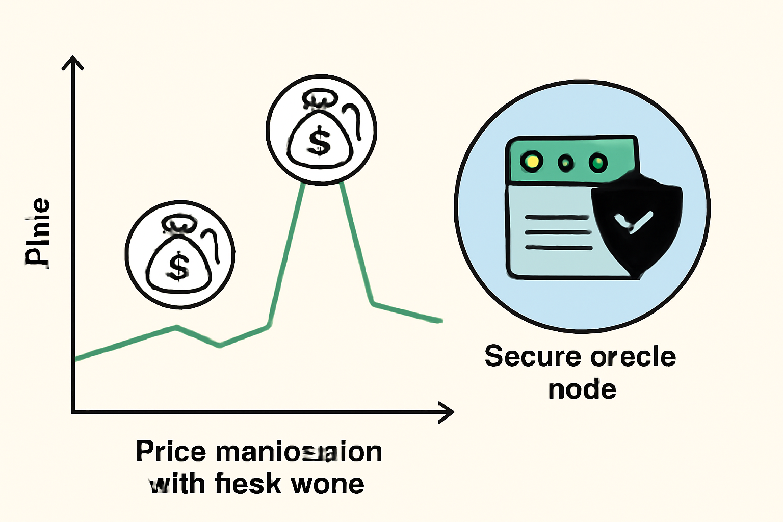 A graph showing price manipulation with flash loan icons, and a secure oracle node monitoring the data.