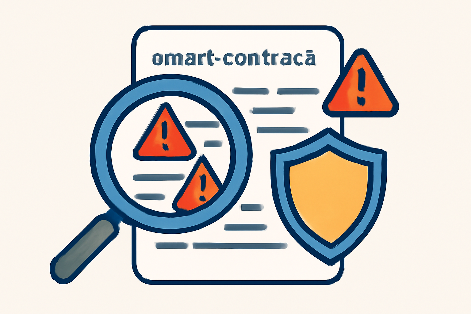 A magnifying glass inspecting lines of smart contract code, with warning signs highlighting vulnerabilities and a shield representing audits.