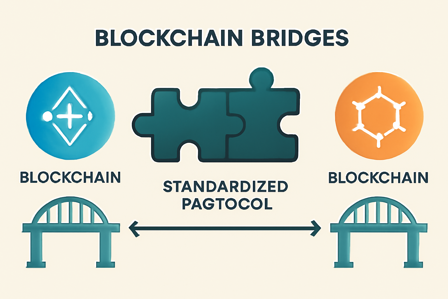 Multiple blockchain bridges connecting seamlessly, with standardized protocols represented by matching puzzle pieces fitting together.
