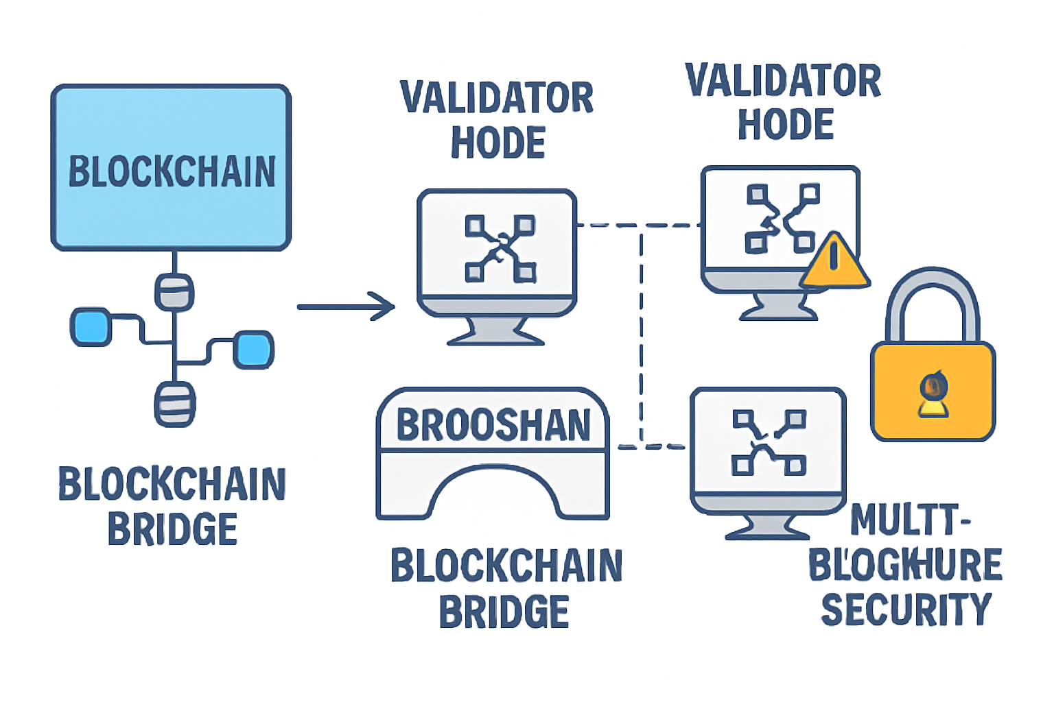 A digital illustration showing a blockchain bridge with multiple validator nodes, some highlighted as vulnerable, and a lock symbol representing multisignature security.