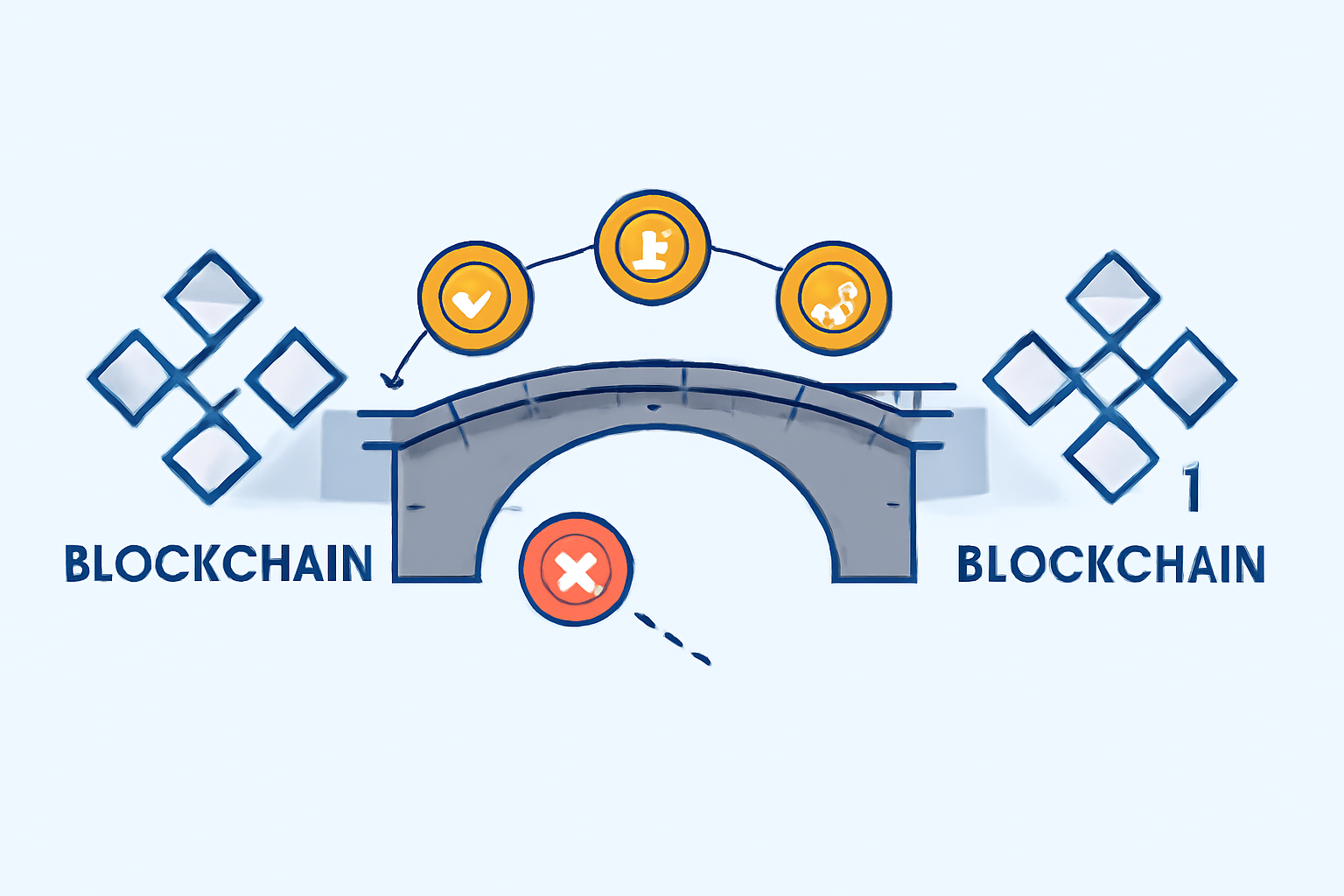 A bridge between two blockchains, with genuine tokens passing through and fake tokens being blocked or flagged with a red cross.
