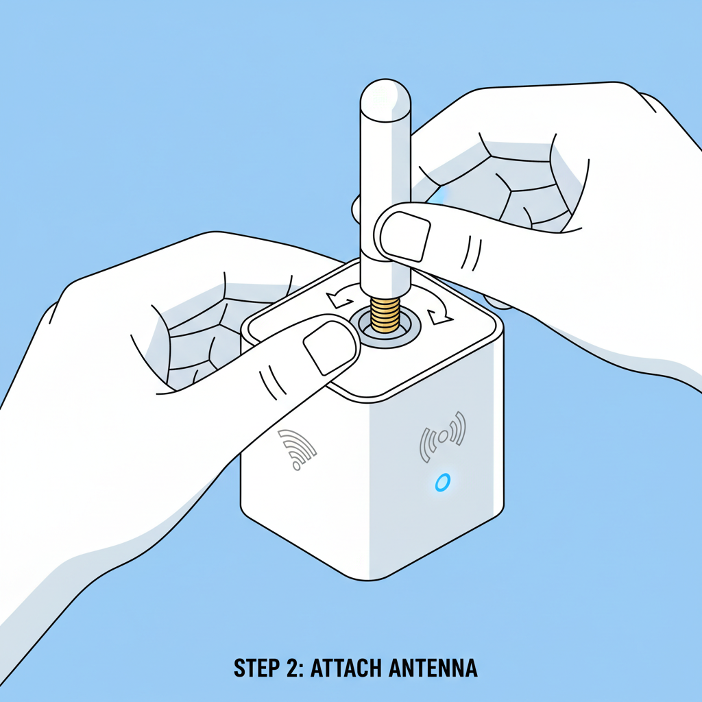 closeup hands assembling antenna onto Helium hotspot device, clear tech details, illustrative style