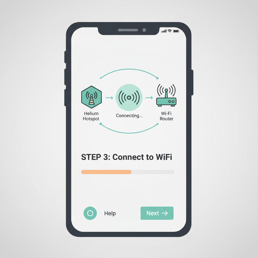 app interface connecting Helium hotspot to Wi-Fi router, signal waves, clean tech graphic