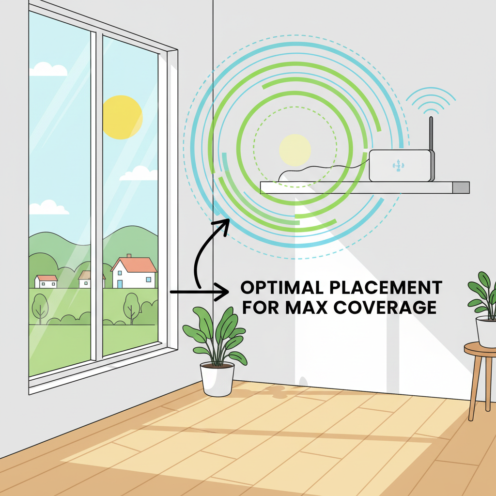 Helium hotspot optimally placed near window high shelf, wide outdoor coverage map overlay, sunny room illustration