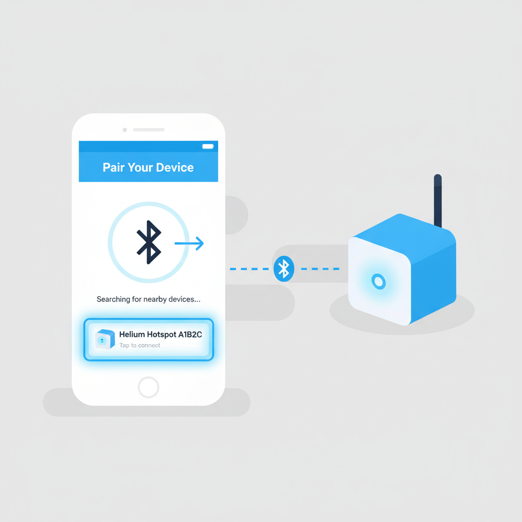 smartphone app screen pairing Bluetooth with Helium hotspot, flashing light indicator, user-friendly illustration